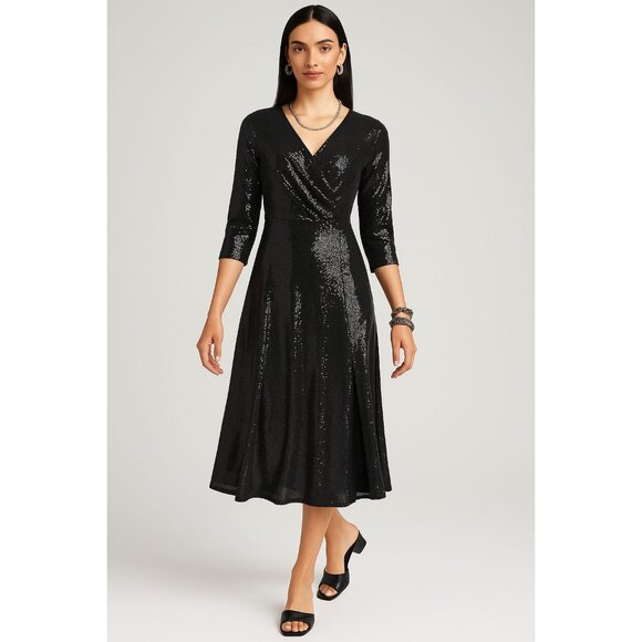 Chico's Black Sequin Midi Party Dress XL (Size 3) Glam Sparkle V-Neck Holiday - Picture 1 of 13